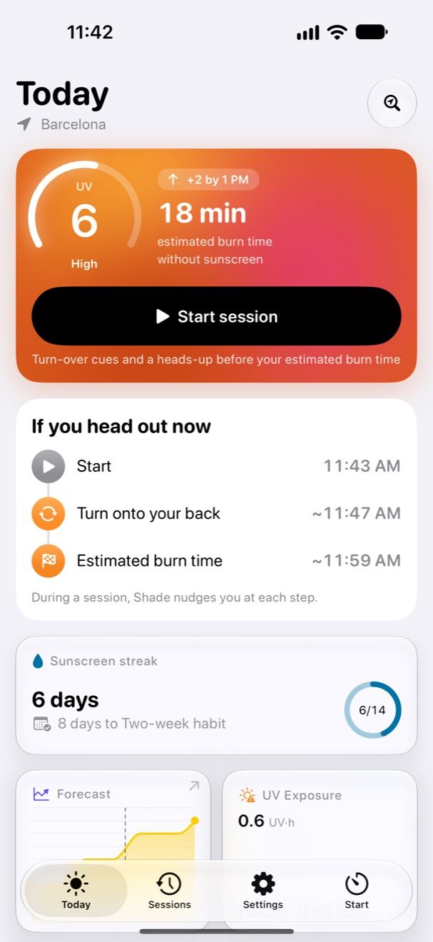 Shade showing UV 6 and an 18-minute estimated burn time
